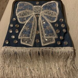 Blue and White Bow Fringe Clutch Handmade with rhinestones